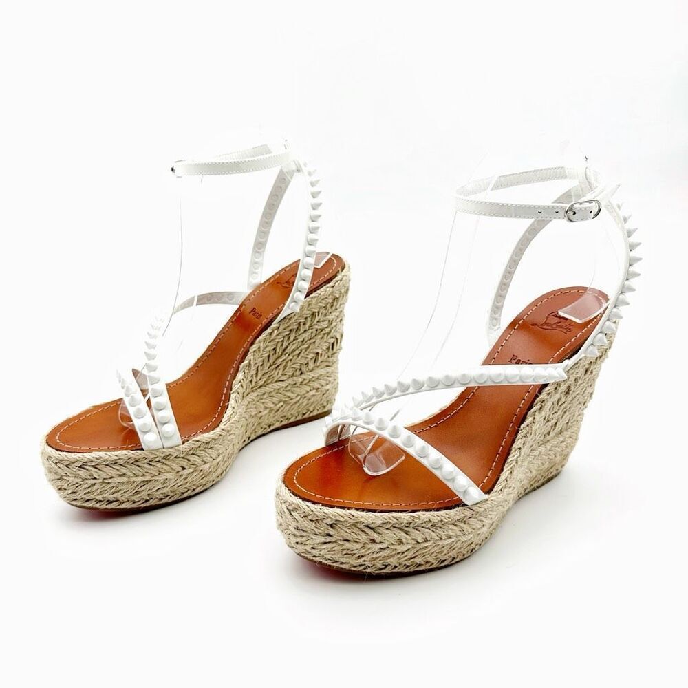 CHRISTIAN LOUBOUTIN Mafaldina Wedge Heels 39 US 8.5 Spiked Sandals White Leather
